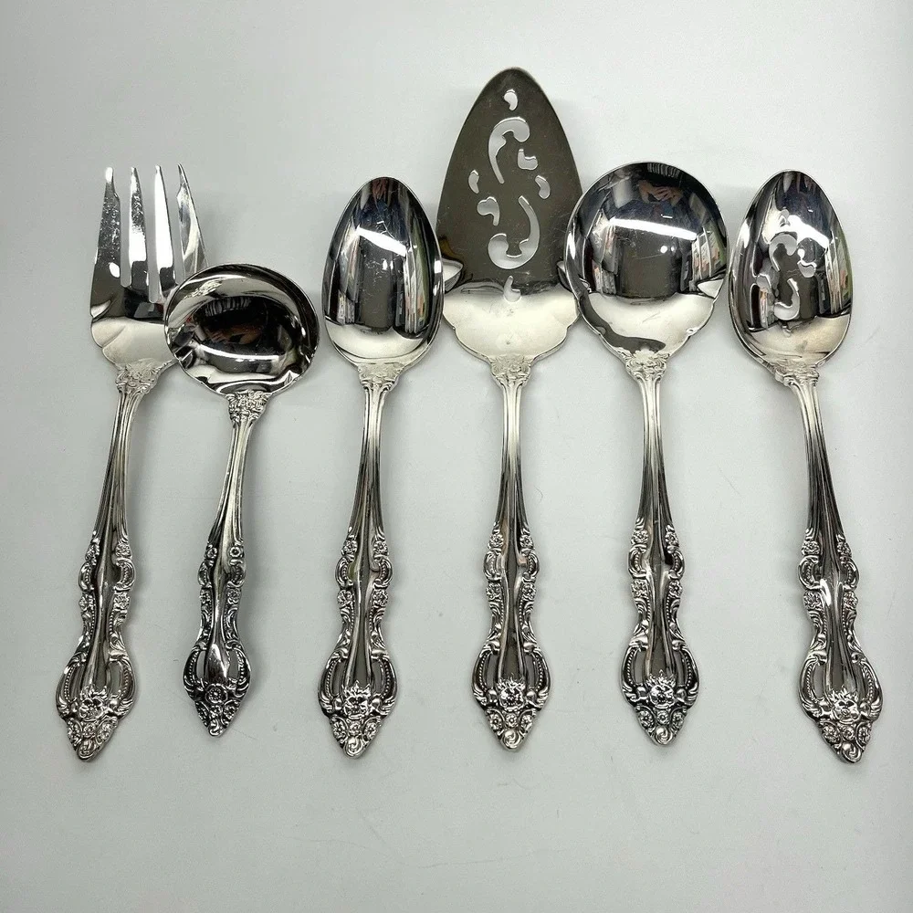 EP SS Japan Silver Plate Flatware 6 Piece Serving Set Romantic Rose Pattern Vtg.